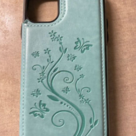 iPhone 11 Case Wallet with Card Holder, Embossed Butterfly, 6.1 inch, Green - Picture 6 of 6